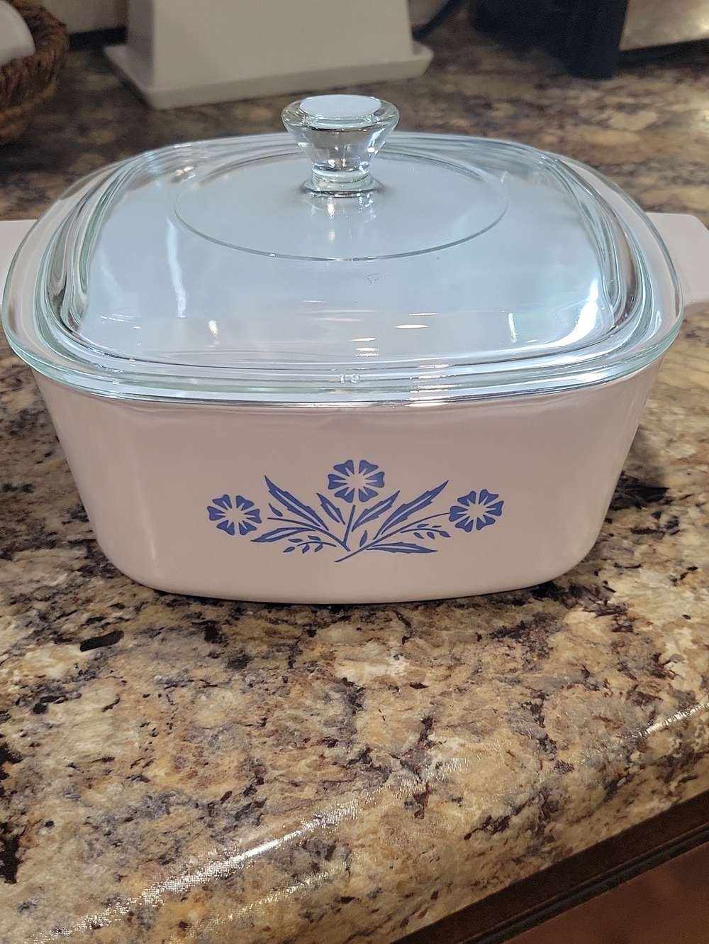 Corningware White Casserole with Blue Floral Pattern and Glass Lid 1 1/2 Quart